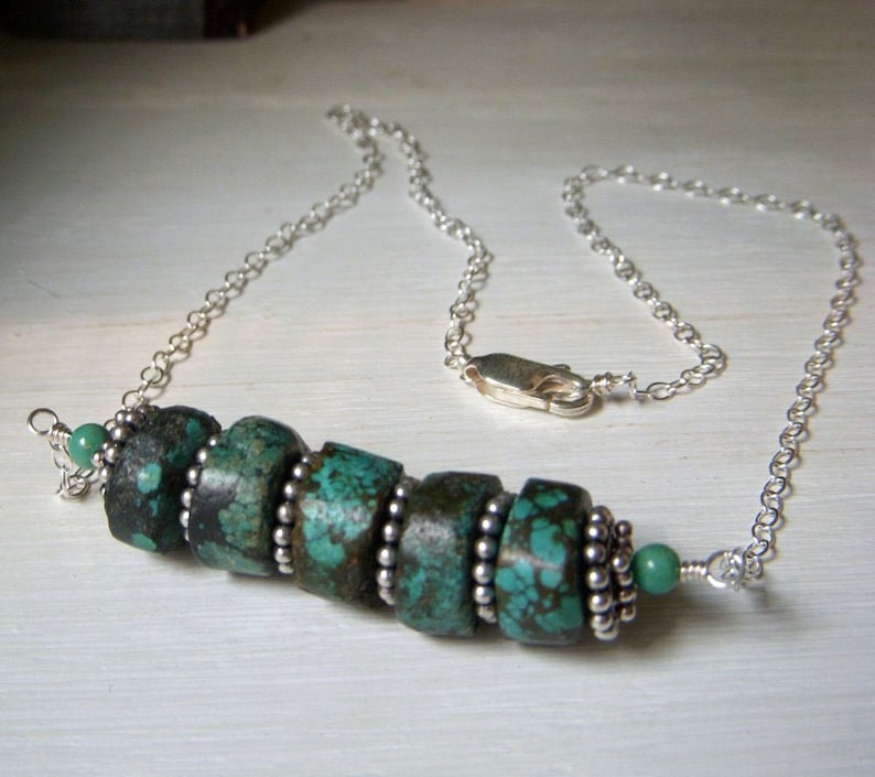 Chunky Tribal Genuine Turquoise Stacked Heishi Gemstone Bar Necklace Rustic Turquoise Real Turquoise Necklace Sterling Silver
