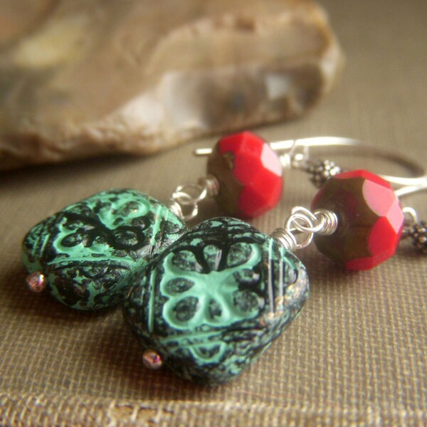 Patina Wash Earrings, Sterling Silver Dangle, Teal Black and Red Floral Lucite Dangle, Colorful Lightweight Earrings