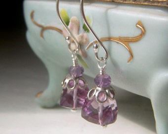 Pink Amethyst Earrings, Sterling Silver, Mauve Quartz Gemstone Trillion Dangle Earrings, Sparkle Lavender Earrings