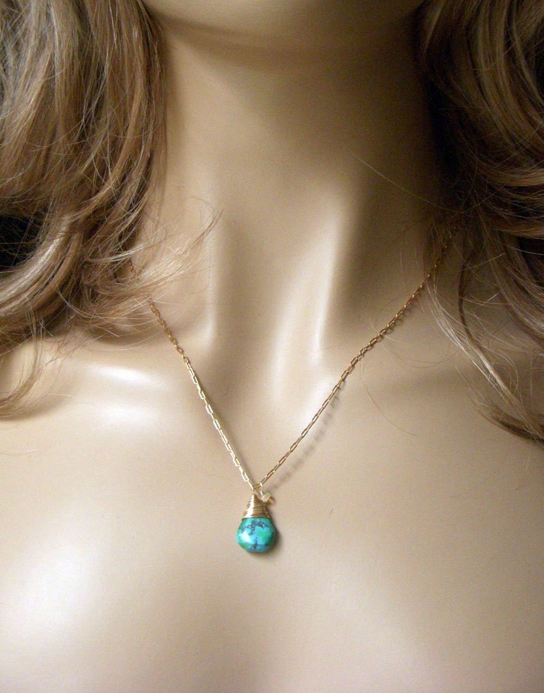 Turquoise Pendant Wirewrapped Briolette Genuine Turquoise Necklace Gold Filled Minimalist Pendant Real Turquoise Welo Opal Accent
