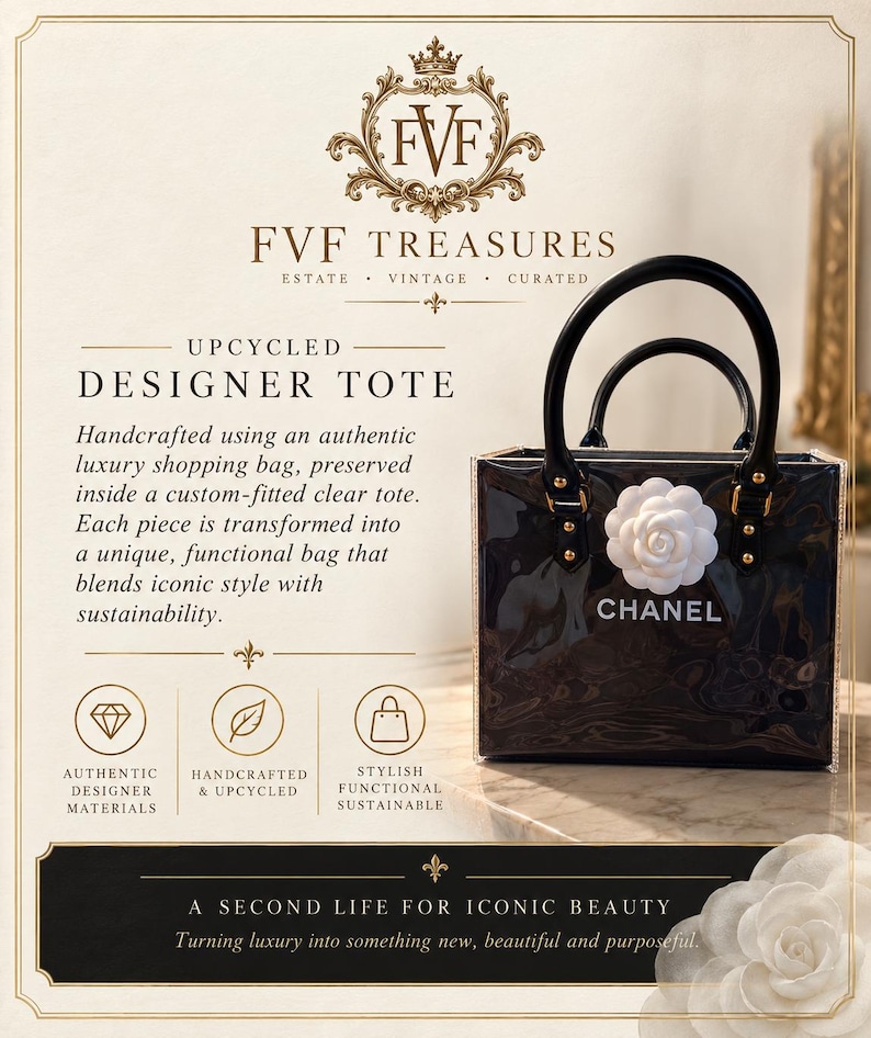 May include: A black tote bag encased in a clear protective shell, featuring the white Chanel logo and a white camellia flower accent. The bag has two black handles with gold-tone hardware. Text on the image includes FVF TREASURES and UPCYCLED DESIGNER TOTE.
