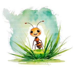 Könnte beinhalten: Eine Cartoon-Ameise mit einem lächelnden Gesicht steht auf einem Stück grünem Gras. Die Ameise ist orange und braun mit schwarzen Augen. Der Hintergrund ist ein Aquarell aus Blau und Grün.