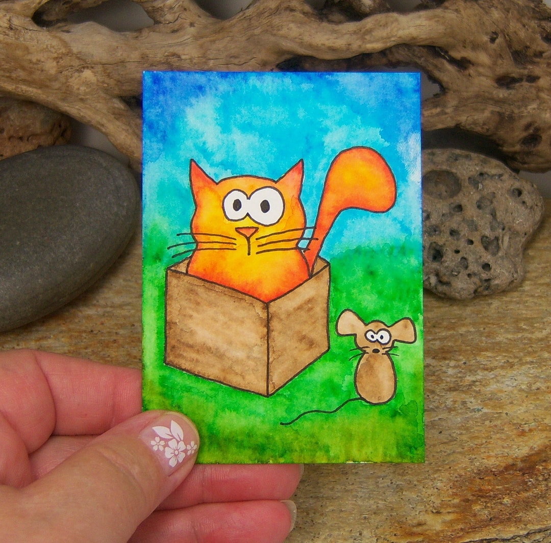 ACEO Card cat in Box With Mouse Original Watercolor Etsy
