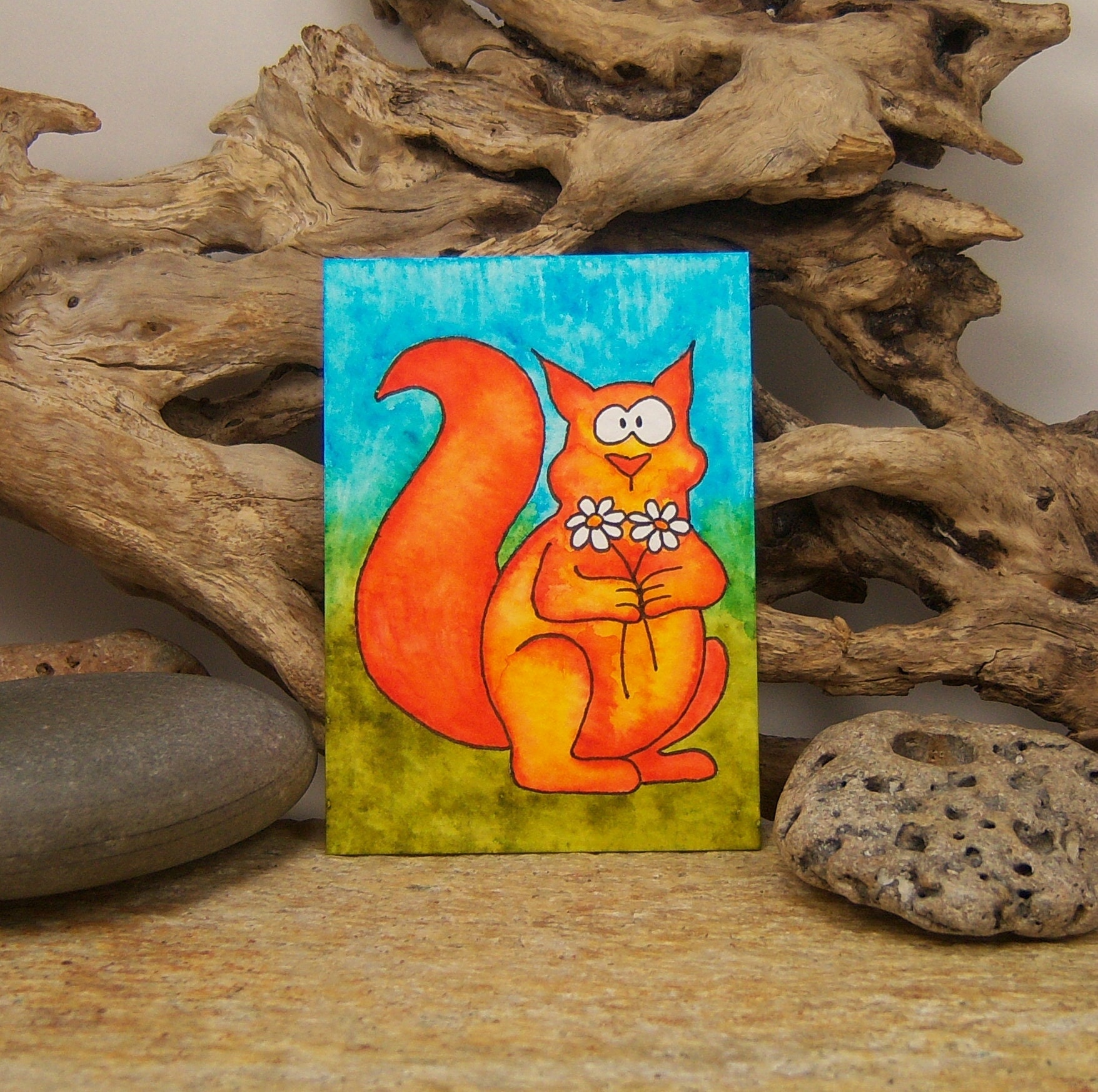ACEO Card squirrel With Flowers Original Watercolor Etsy