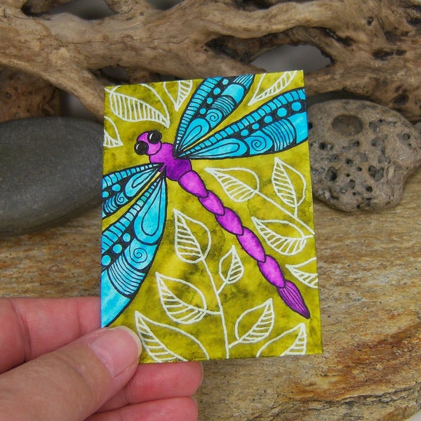 ACEO Card, “Dragonfly”, Original Watercolor Painting by Dawn Scannell, 2.5 x 3.5 inch