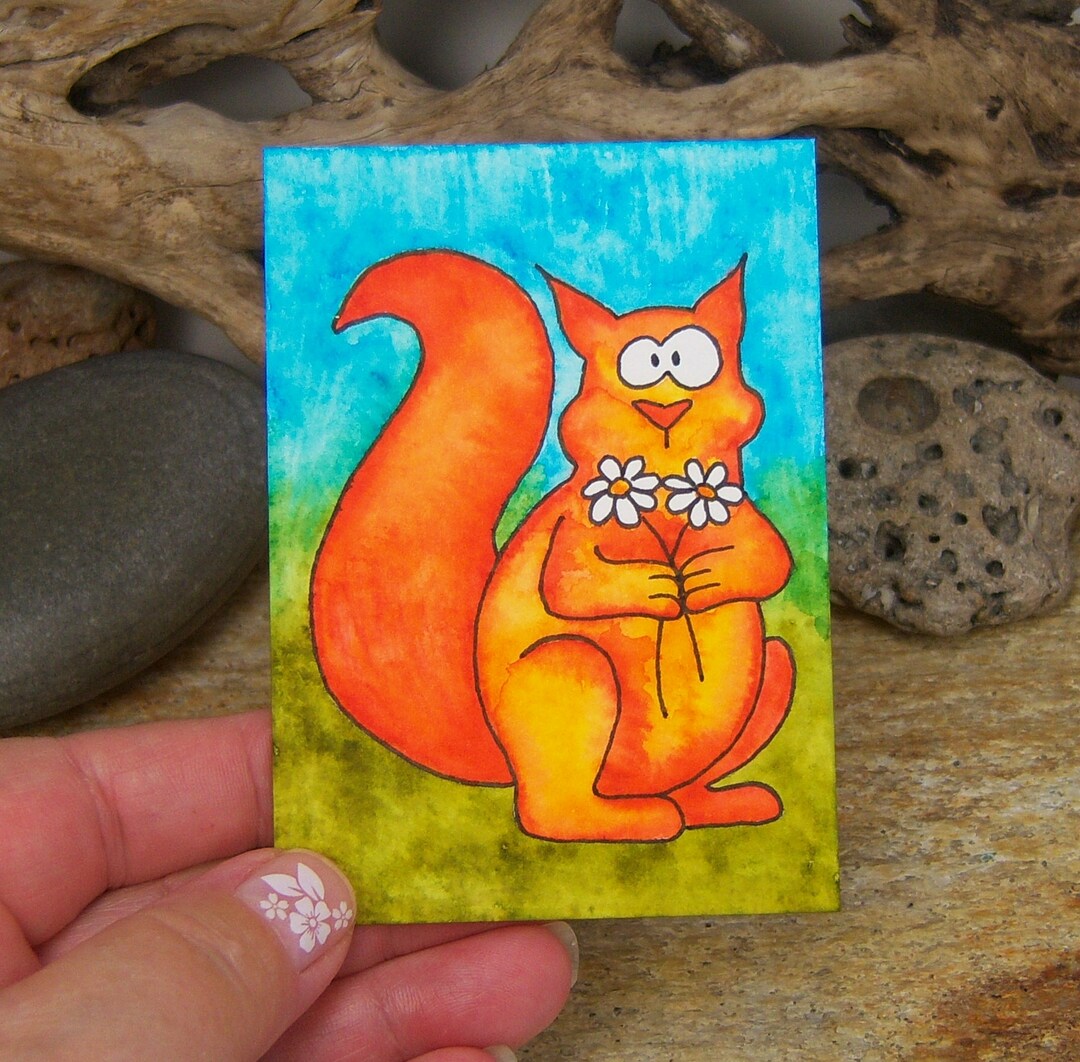 ACEO Card squirrel With Flowers Original Watercolor Etsy