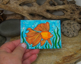 ACEO Card, “Goldfish”, Original Watercolor Painting by Dawn Scannell, 2.5 x 3.5 inch