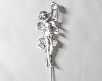 Roman muse tambourine dancing lady stickpin Mucha art Nouveau style silver plated