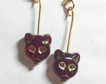 Bohemian red glass cat kitten earrings gold tone dangle for pierced ears nickel free
