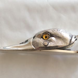 Duck paper clip holder, duck bill clip, silver plated pewter, to hang or on desk UK made Vintage