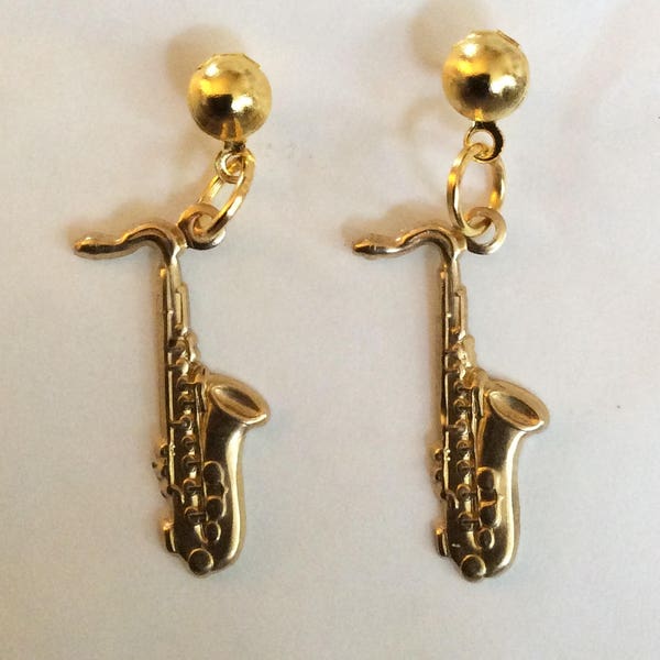Saxophone small earrings gold tone raw brass musical brass instrument  for pierced ears nickel free,