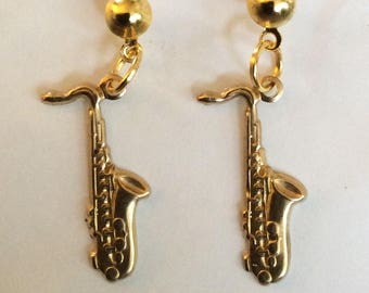 Saxophone small earrings gold tone raw brass musical brass instrument  for pierced ears nickel free,