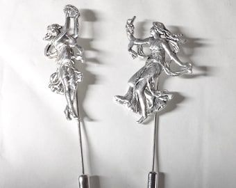 Two dancing Roman ladies stickpins muses art Nouveau style silver plated vintage pins