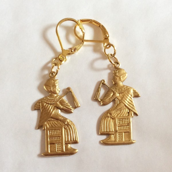 Egyptian seated Pharaoh handmade raw brass earrings for pierced ears nickel free