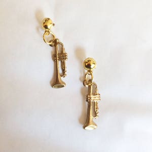 Trumpet small earrings gold tone raw brass musical brass instrument  for pierced ears nickel free
