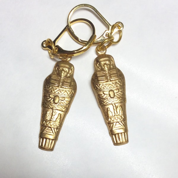Mummy sarcophagus earrings Egyptian Pharaoh handmade raw brass for pierced ears nickel free