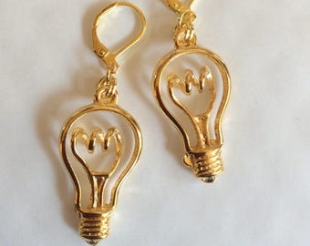 Bright ideas light bulb gold  tone handmade earrings for pierced ears nickel free