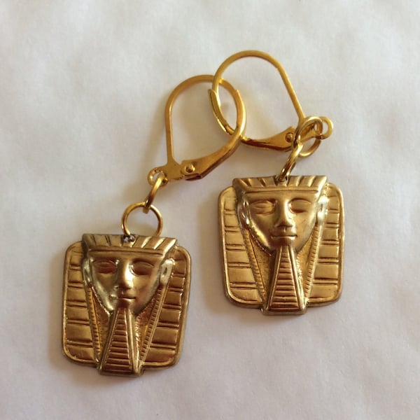 Tutankhamen Egyptian Pharaoh handmade raw brass earrings for pierced ears nickel free