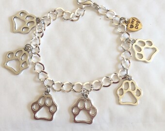 Paw print dog silver tone charm bracelet 20cm /8" Other lengths available and matching earrings