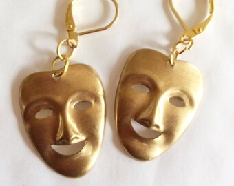 Happy comedy tragedy faces masks Matt raw brass handmade earrings for pierced ears nickel free