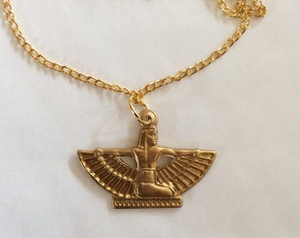 Egyptian raw brass winged god goddess pendant and 43cm 17&quot; gold tone chain