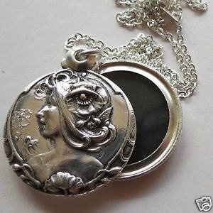 Lady's head with poppies locket / pendant Mucha / Art Nouveau style Silver plated with 41cm chain - longer chain available
