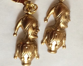 Jester Joker earrings raw brass tone for pierced ears card player