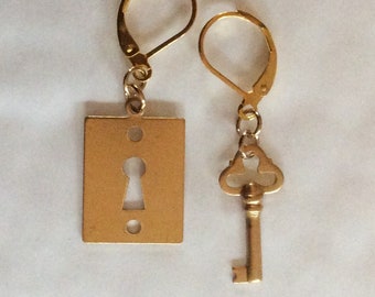 Key and lock raw brass gold tone handmade earrings for pierced ears