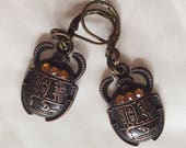 Scarab beetle Egyptian Egypt earrings copper tone charm for pierced ears nickel free