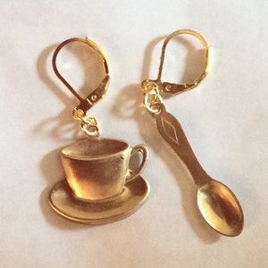 Time for Tea pair of earrings raw brass tea cup and spoon  charms for pierced ears
