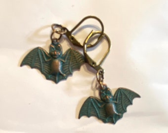 Fat belly Vampire Bat Long earred earrings vintage verdigris finish Halloween Gothic Evil bat