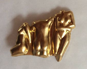 Three nudes, naked ladies, female torso body lapel brooch pin vintage finding handmade raw brass brooch bar fitting