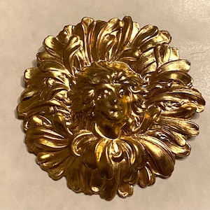 Chrysanthemum lady art nouveau vintage big circular brass brooch