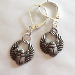 Scarab beetle Egyptian pewter handmade earrings for pierced ears nickel free