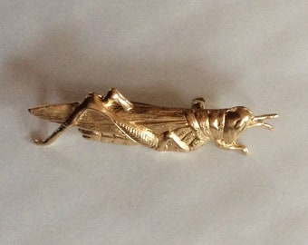 Grasshopper bug charm raw brass gold tone brooch / pin made from vintage fitting