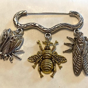 Three mixed insect bug charm silver tone brooch / pin