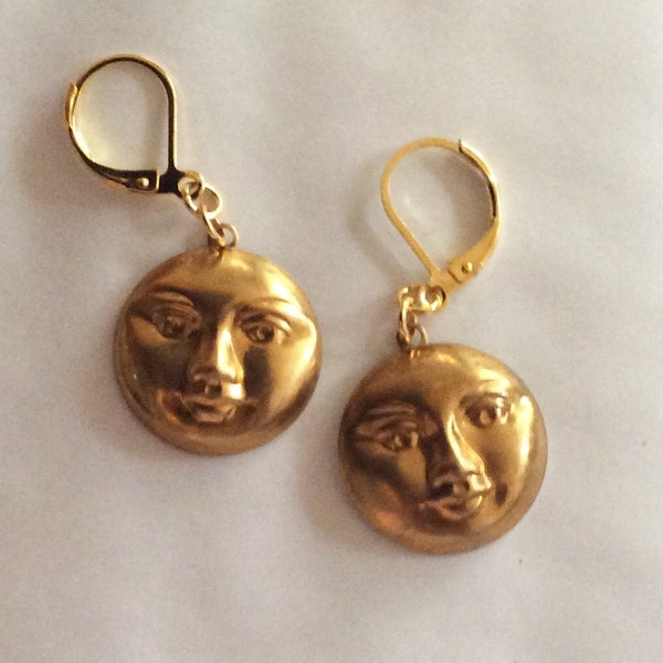 Smiling full Moon earrings  raw brass handmade detailed for pierced ears nickel free