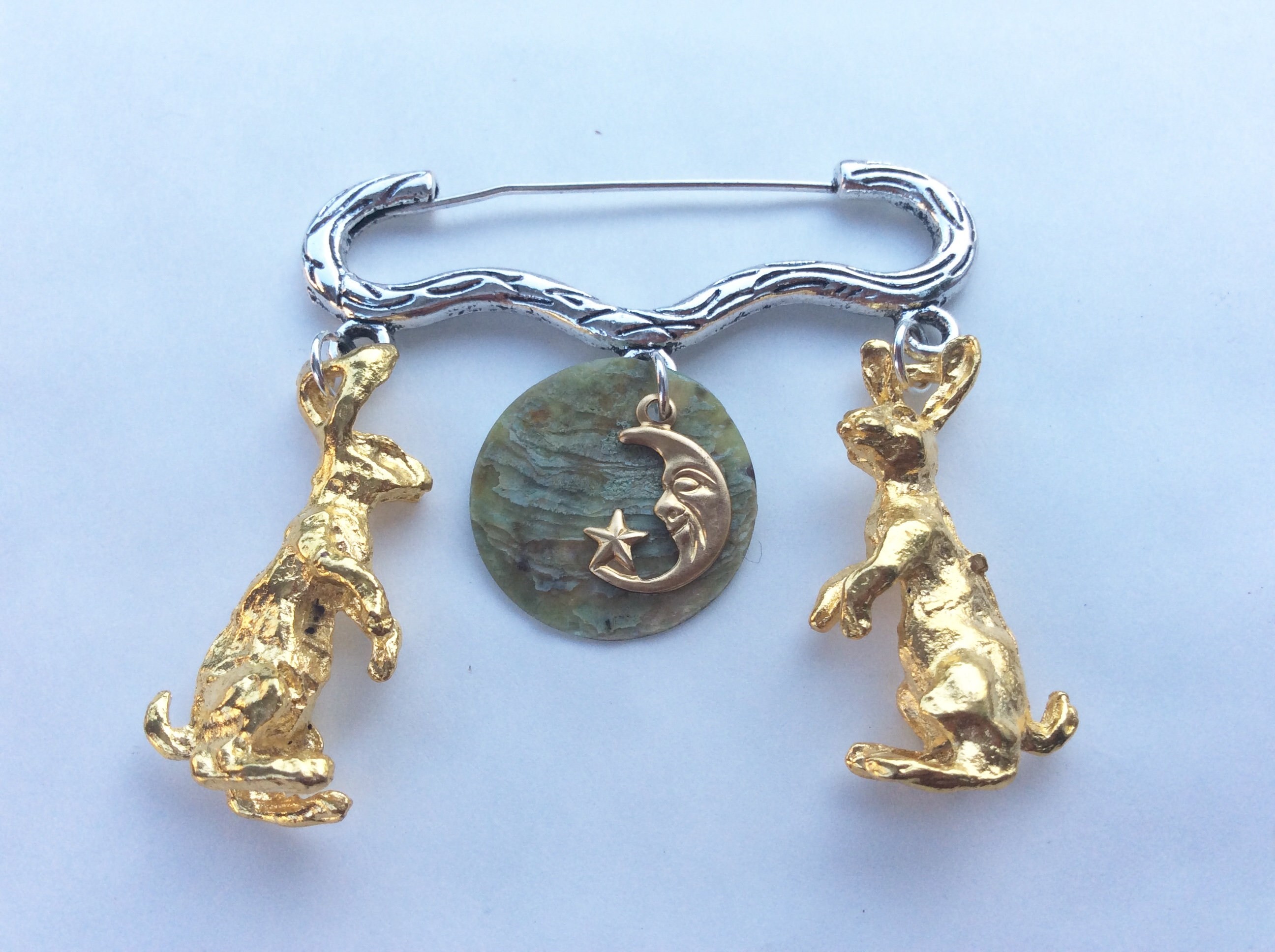 Moon Gazing Rabbits Star Gazer Hares Gold Tone Midnight Sky Shell ...