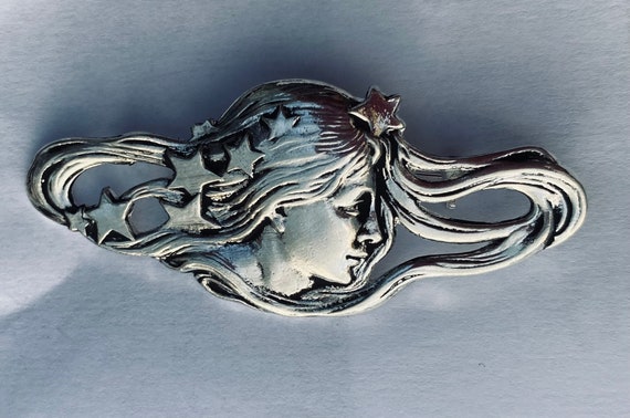 Virgo Lady's Head With Stars Brooch / Pin Art Nouveau Style Silver Plated Larger Version - Etsy Virgo Lady's Head With Stars Brooch / Pin Art Nouveau Style Silver Plated Larger Version - Etsy