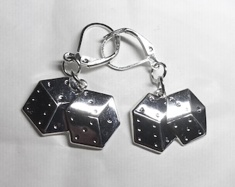 Lucky dice gambling lotto silver tone handmade for pierced ears nickel free