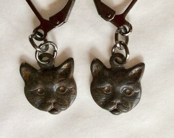 Black Cat Kitten head small earrings, pussy cat head handmade coated brass for pierced ears nickel free
