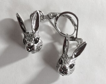 Bunny rabbit hare head design silver tone charm earrings for pierced ears nickel free