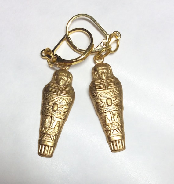 Mummy sarcophagus earrings Egyptian Pharaoh handmade raw brass for pierced ears nickel free