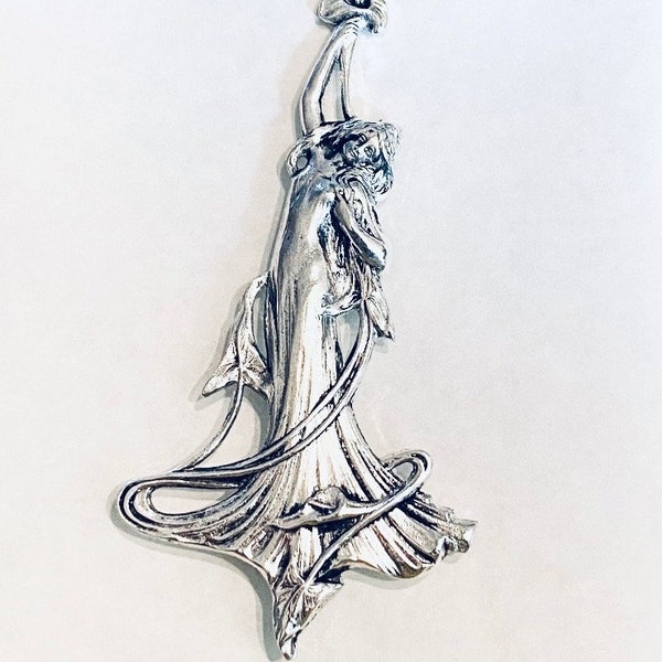 River water nymph vintage Art Nouveau silver plated large brooch statement pin