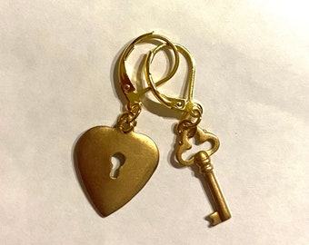 Key and heart shaped lock raw brass gold tone handmade earrings for pierced ears