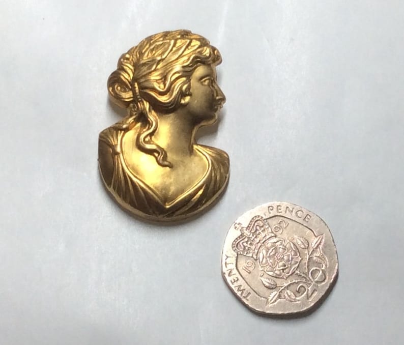 Art Nouveau Greek Roman Matron Lady Flowing Hair Raw Brass Brooch Pin ...