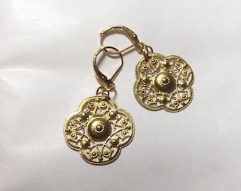 Shield Edwardian style filigree cut out raw brass handmade earrings for pierced ears nickel free