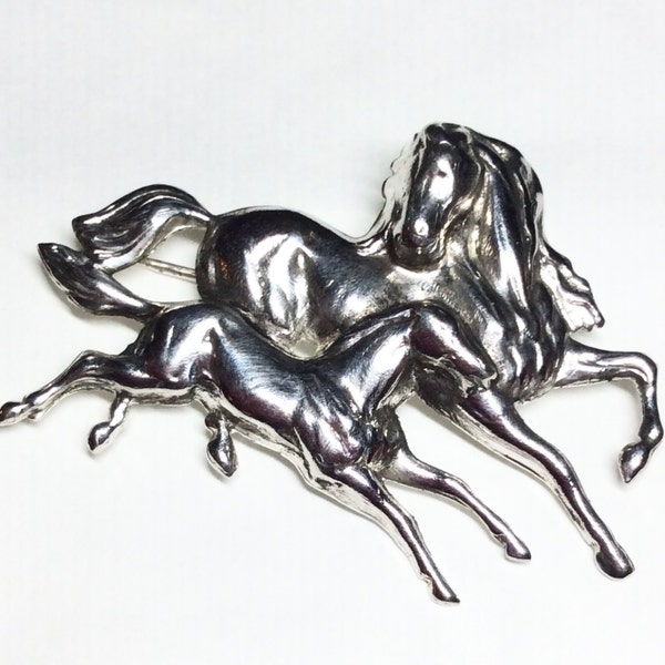 Mare and foal brooch  pin Art nouveau style silver plated vintage horse pony