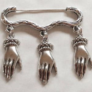 Elegant hand and cuff three charm silver tone brooch / pin lapel pin Victorian style