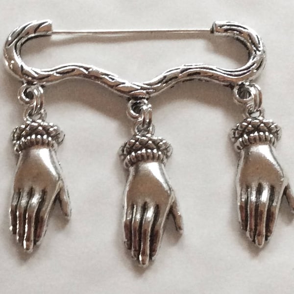 Elegant hand and cuff three charm silver tone brooch / pin lapel pin Victorian style